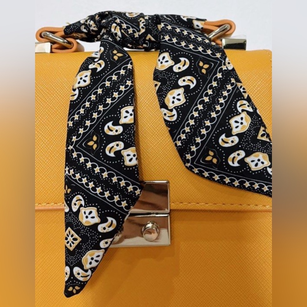 ZARA FAUX LEATHER IN MUSTARD RECTANGULAR BAG WITH SCARF & GOLD TONE ACCENT, SZ S - Picture 2 of 6